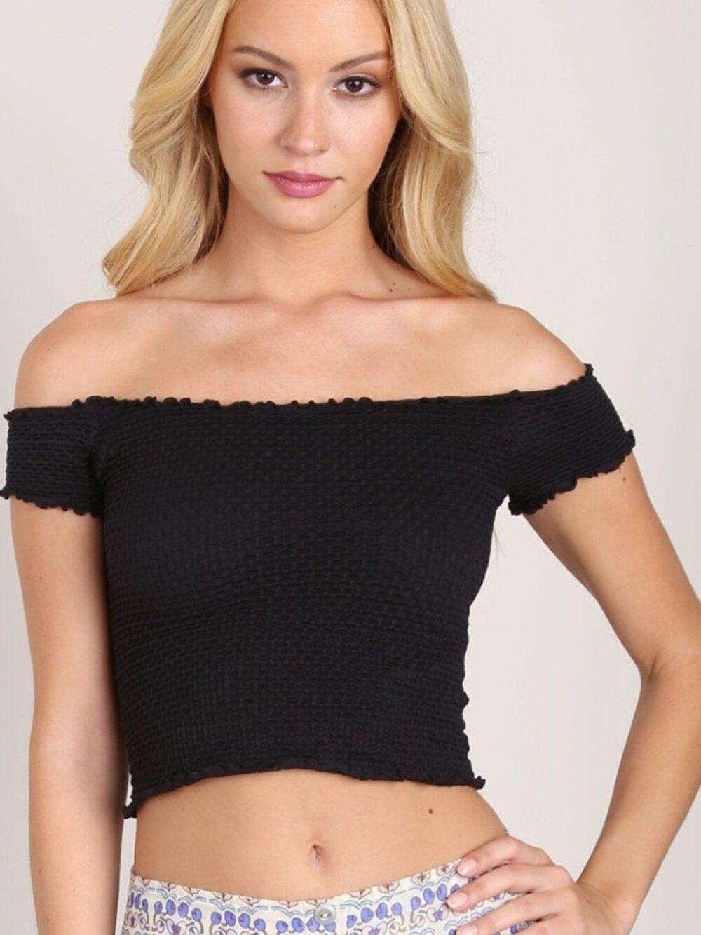 FREE PEOPLE XS S MOULIN RUCHED Off Shoulder Top Coquette Black Crop Smocked